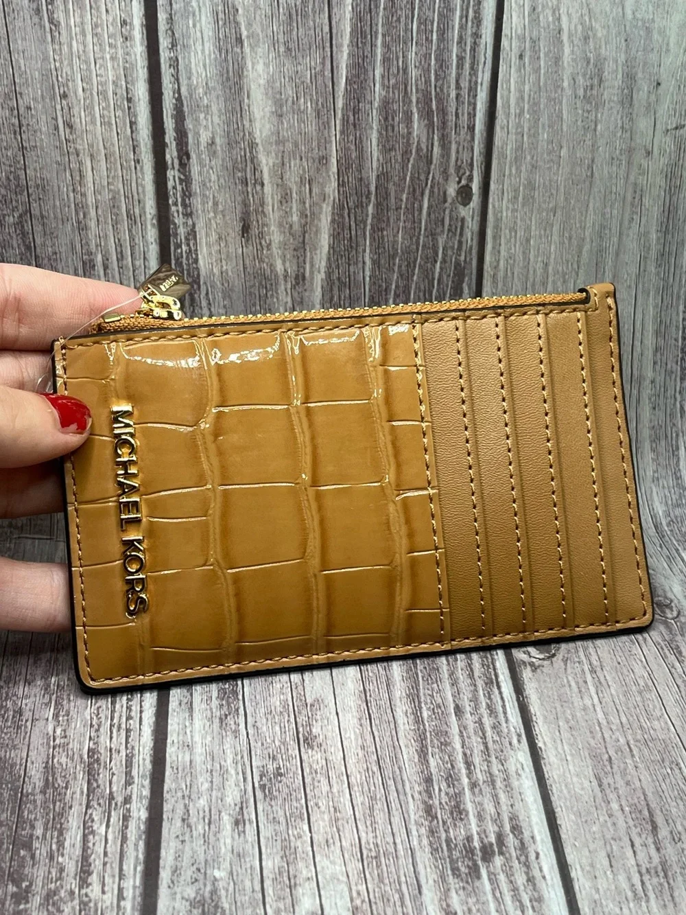 NWT MICHAEL KORS Jet Set Travel Croc Leather Zip Card Case Wallet - Camel/ Deer